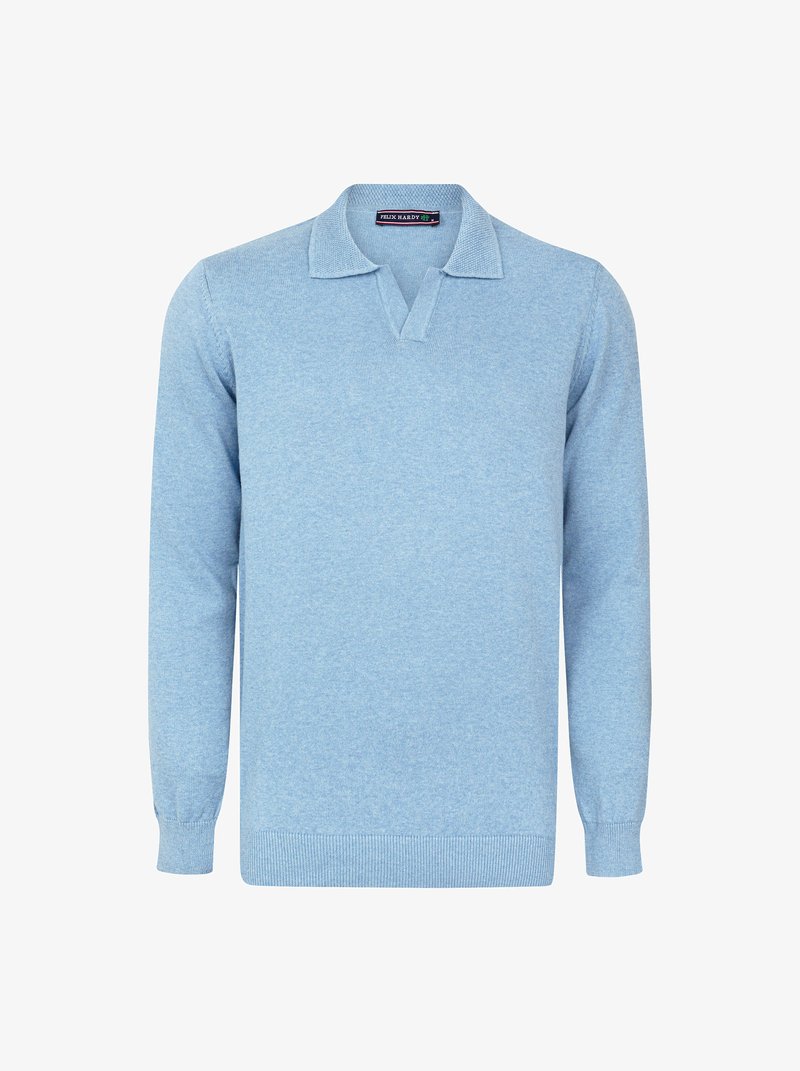 Pullover azzurro chiaro con scollo a V e maniche lunghe. Realizzato in materiale morbido, presenta polsini e orlo a costine. Design minimalista.