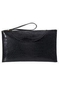 Mustalaiskrokotiili-nahkainen clutch-laukku, jossa on sileä tekstuuri, vetoketjusuljenta ja irrotettava rannetuppi. Suorakulmainen muoto ja minimalistinen muotoilu.