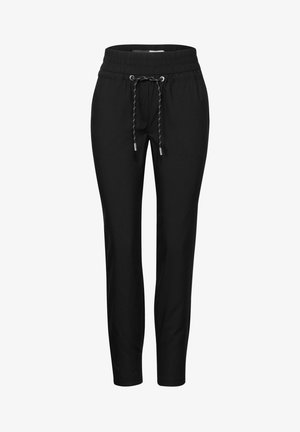 Schwarze Hose mit elastischem Bund und Kordelzug. Schmal zulaufendes Bein-Design, aus weichem Stoff mit glatter Textur. Keine zusätzlichen Muster.