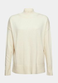 Pull en maille couleur crème avec manches longues, col montant côtelé, poignets et ourlet, présenté sur un fond uni.