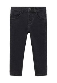 Černé denimové kalhoty se slim fit střihem, obsahující pět kapes, přední zapínání na knoflík a hladkou texturu.