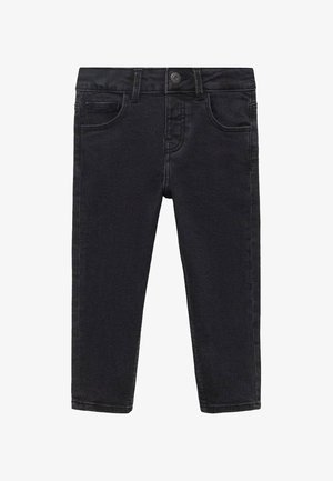 Pantaloni din denim negru, cu o croială slim, care dispun de cinci buzunare, închidere cu buton în față și o textură netedă.