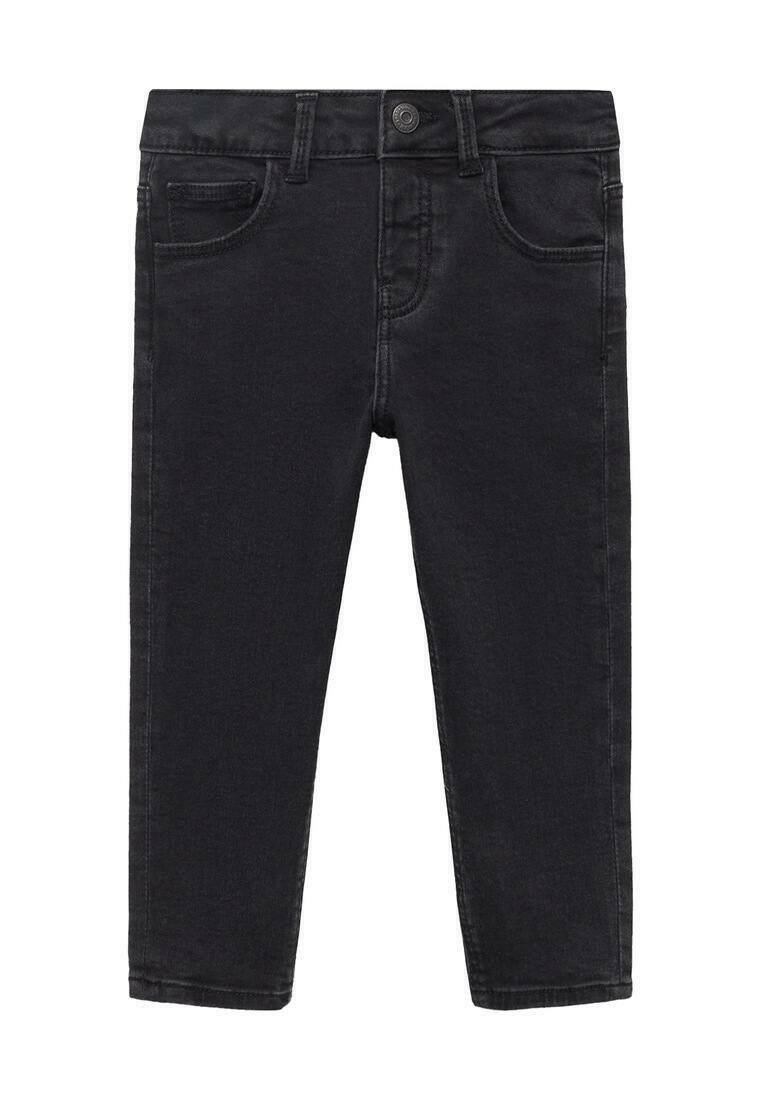 Černé denimové kalhoty se slim fit střihem, obsahující pět kapes, přední zapínání na knoflík a hladkou texturu.