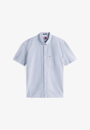 Short-sleeve button-up shirt in light blue with white stripes. Features a pocket on the left chest and a classic collar design.
