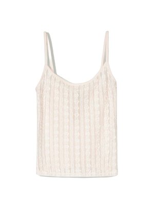 Lace camisole in light pink, featuring vertical stripes and thin adjustable straps, with a smooth texture and soft finish.