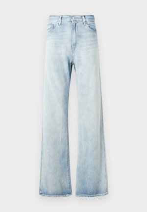 Svetlomodré džínsové zvonové nohavice s vysokým pásom, prednými vreckami a zapínaním na gombík. Vypraný vzhľad s hladkou textúrou a olemovanými okrajmi.