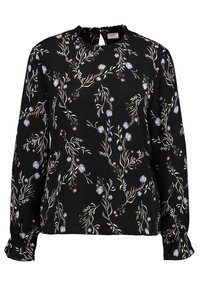 Blusa nera a maniche lunghe con motivo floreale in bianco, verde e rosa. Presenta un colletto arricciato e polsini con volant. Tessuto leggero.