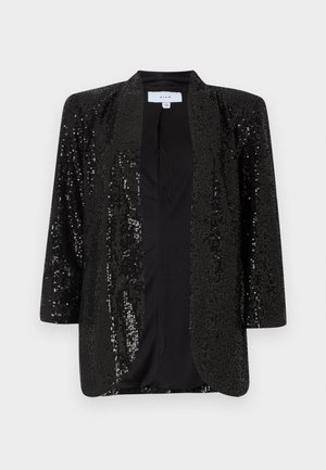 Sort sekvenseret blazer med en glat inderforing, åben frontdesign, trekvart ærmer og en tekstureret overflade, der reflekterer lys.