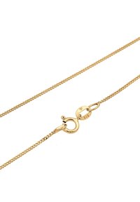 Guldfarvet halskæde med et delikat kædesign, udstyret med en rund lobster clasp og en oval mærke, der er mærket '925'. Glat, blank overflade.