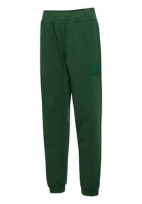 Grüne Jogginghosen aus weichem Stoff, mit einem gerippten Bund, seitlichen Taschen und einem strukturierten Logopatch auf der Vorderseite.