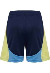 Marina atletiska shorts med ljusblå och blekgrön accent. Utrustad med elastisk midja och slät tyg. Lämplig för sport och aktiv klädsel.
