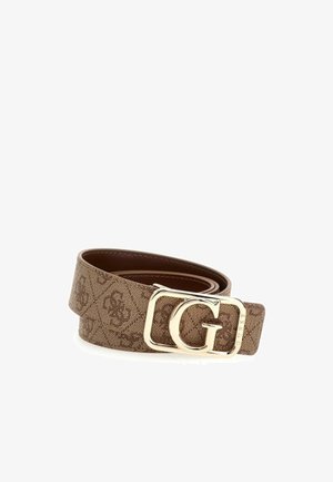 Ceinture en tissu marron avec un motif de logo embossé, dotée d'une boucle double G en ton doré. Fini lisse sur une large sangle.
