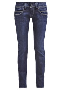 Jeans oscuros ajustados, hechos de mezclilla, con bolsillos frontales, detalles de costura sutil y una cintura con botones.