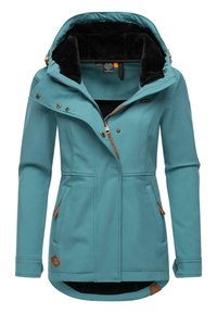 Türkiissinine pehme väljakutsete jope, millel on must fleece'iga vooderdatud kapuuts, küljetaskud dekoratiivsete aktsentidega ja metallist riistvaraga lukuga sulgemine.