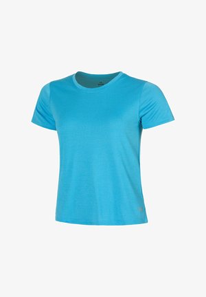 Majica s kratkimi rokavi, okroglim izrezom v svetlo modri barvi, izdelana iz teksturirane, vlago odvajajoče tkanine z diskretnimi horizontalnimi črtami in logotipom blagovne znamke.