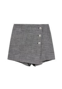 Shorts gris à carreaux avec un design enroulé, présentant trois accents de boutons argentés sur le côté et une texture douce.