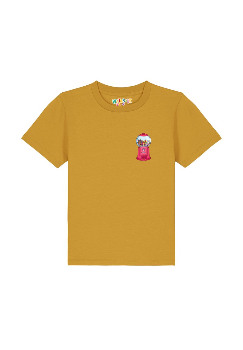 Geel katoenen T-shirt met een stripverhaal van een kauwgomballenautomaat in het roze en meerkleurige kauwgomballen op de linkerkant van de borst. Korte mouwen, ronde hals.