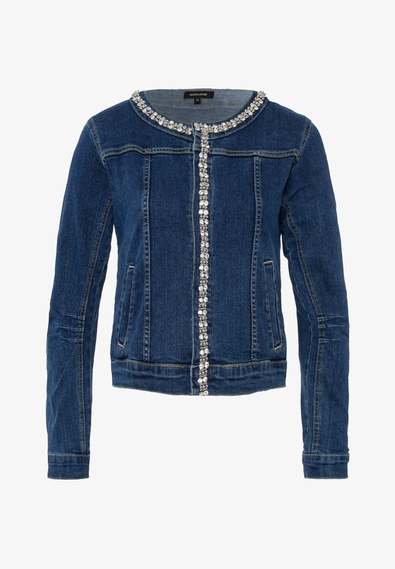 Tmavě modrá džínová bunda s dlouhými rukávy, kulatým výstřihem a flitry podél límce a předního otvoru.