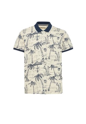Short-sleeve polo shirt in cream fabric featuring a navy collar and palm tree print with surfboards in a sketched style.