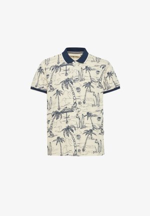 Short-sleeve polo shirt in cream fabric featuring a navy collar and palm tree print with surfboards in a sketched style.