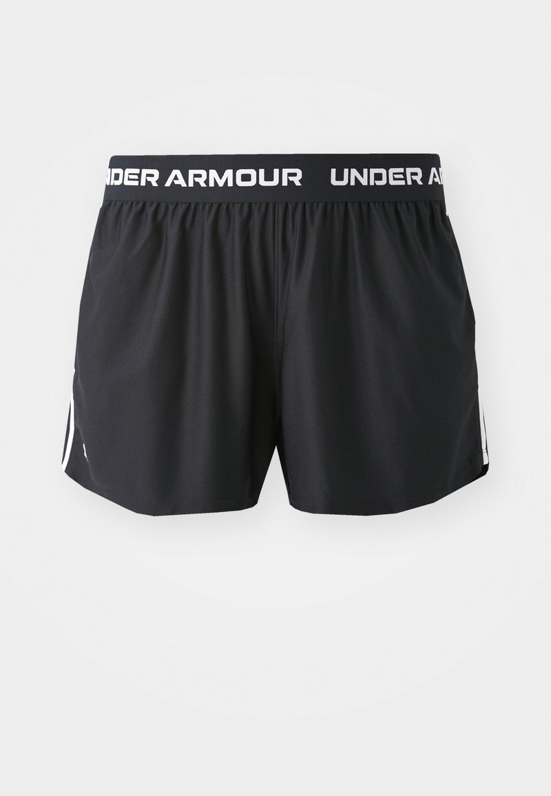 Melni skriešanas šorti ar plašu elastīgu jostu, uz kuras ir balts uzraksts "UNDER ARMOUR". Gluda tekstūra un nedaudz brīvs piegriezums, ar s�ānu akcentiem.