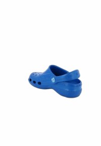 Blue plastic clog with a back strap, ventilation holes, textured sole, and a small logo on the side. Rounded shape, lightweight design.