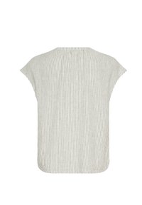 Kergest beezist tops, millel on vertikaalsed hallid ja valged triibud, la loose-fit lõige, laiad lühikesed varrukad, ümar hem ja volditud seljaosa detail.
