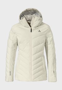 Leichte weiße Pufferjacke mit Kapuze, ausgestattet mit einem Reißverschluss vorne, Chevron-Steppung und "Venturi"-Logo am Ärmel.