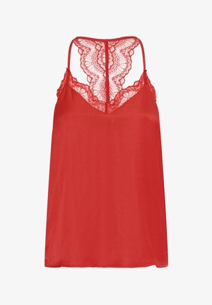 Camisola rossa di satin con delicata rifinitura in pizzo e design a racerback. Presenta una consistenza morbida e liscia e una vestibilità ampia per il massimo comfort.
