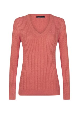 V-Ausschnitt Pullover in einem Koralleton, mit geripptem Texture, langen Ärmeln und einer figurnahen Passform. Aus einem weichen, dehnbaren Material gefertigt.