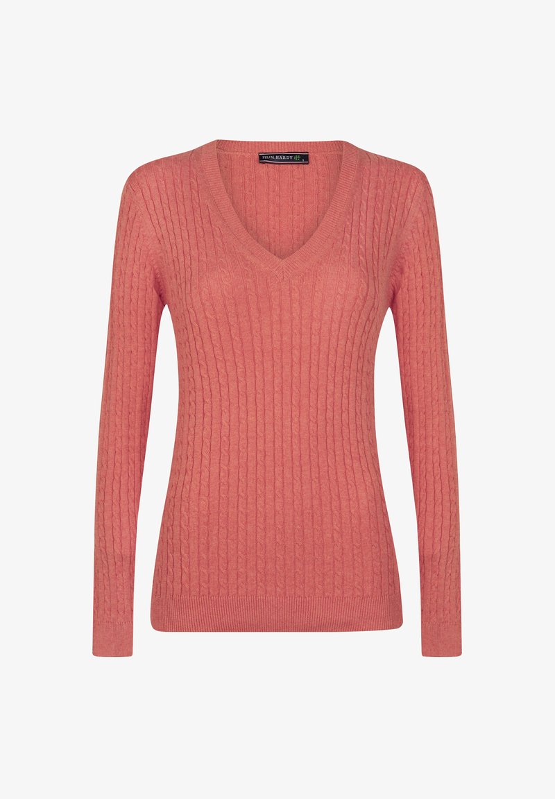 V-Ausschnitt Pullover in einem Koralleton, mit geripptem Texture, langen Ärmeln und einer figurnahen Passform. Aus einem weichen, dehnbaren Material gefertigt.