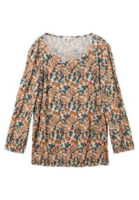 Blumenbluse mit langen Ärmeln und Rundhalsausschnitt. Sie hat ein Muster aus orangefarbenen, türkisfarbenen und cremigen Blumen auf einem hellen Hintergrund. Weicher Stoff.