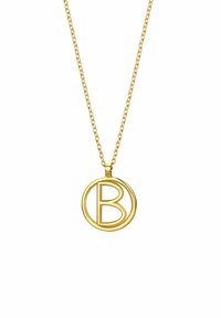 Zlatý náhrdelník s kulatým přívěskem s raženým designem „B“. Řetízek má klasický vzor článků a leštěný povrch.