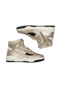 Hoge sneakers met een metallic gouden bovenwerk, zwarte en witte accenten, textuurstof en een rubberen zool. Ritsdetail aan de zijkant.