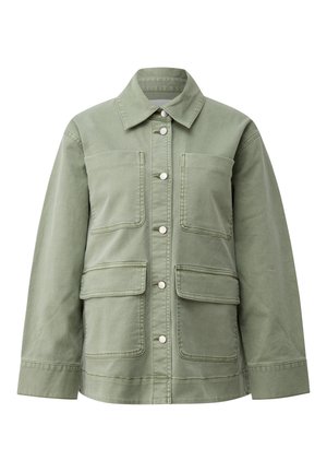 Hellgrüne, zum Knöpfen vorgesehene Jacke mit vier Fronttaschen und klassischem Kragen, gefertigt aus robustem Stoff.
