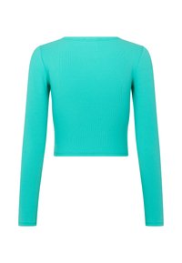 Tyrkysový crop top s dlhým rukávom vyrobený z rebrovanej tkaniny. Má okrúhly výstrih a priliehavý strih, s hladkou textúrou a bez ozdôb.