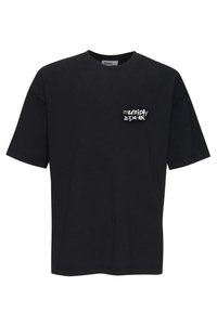 Black cotton T-shirt with short sleeves and a crew neckline. Features a white logo on the left chest area. Soft texture, relaxed fit.