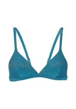 Bralette in tessuto glitterato color teal con spalline sottili regolabili e design con coppe triangolari. Presenta una banda inferiore senza cuciture per il massimo comfort.