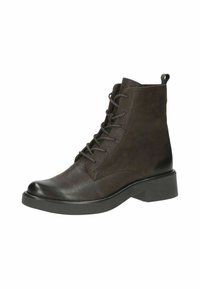 Bota de cuero marrón hasta el tobillo con un acabado suave, punta redonda, suela plana y cordones en la parte delantera. Presenta una pequeña lengüeta en la parte trasera.