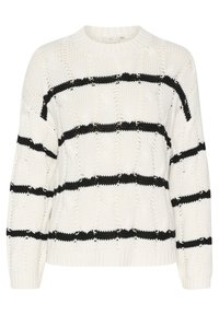 Pull en grosse maille crème avec des rayures horizontales noires, présentant un col rond côtelé et des motifs texturés sur l'ensemble du tissu.