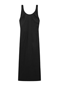 Abito nero senza maniche con un design aderente, realizzato in tessuto liscio. Presenta un colletto rotondo e arriva a metà polpaccio.