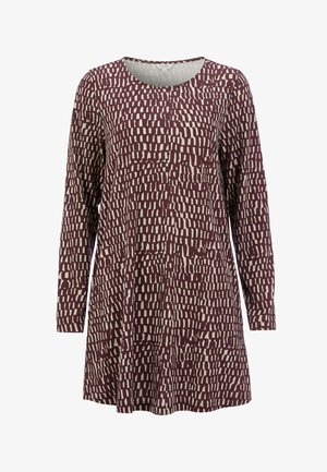 Langemouwige jurk met ronde hals, voorzien van een maroon en beige abstract rechthoekig patroon.