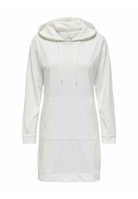 Vit hoodie klänning med lång ärm, ficka fram och ribbade manschetter. Mjuk tyg, avslappnad passform och minimal design.