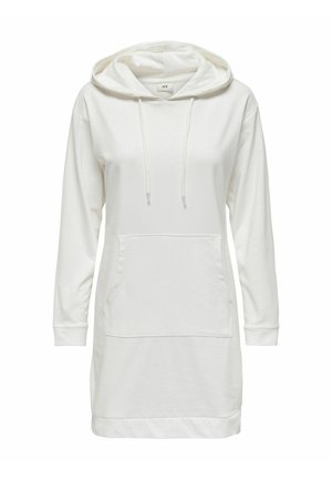 Abito felpa bianco con cappuccio, maniche lunghe, tasca frontale e polsini a coste. Tessuto morbido, vestibilità rilassata e design minimalista.