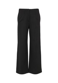 Zwarte wijde broek gemaakt van gladde stof, met voorplooien, zijzakken en een strakke tailleband.