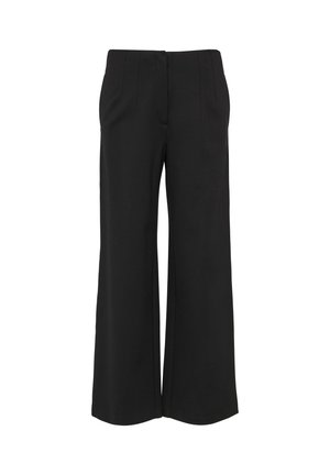 Zwarte wijde broek gemaakt van gladde stof, met voorplooien, zijzakken en een strakke tailleband.