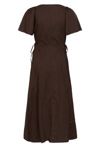 Braunes Midikleid mit kurzen Puffärmeln, rundem Ausschnitt und verstellbaren Taillenbändern, von hinten gezeigt.