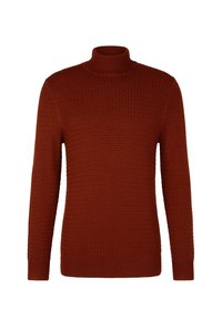 Maglione a collo alto di colore ruggine, lavorato a maglia con motivo texturizzato, maniche lunghe e polsini e orlo a costine su sfondo bianco.