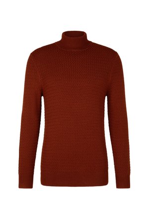 Maglione a collo alto di colore ruggine, lavorato a maglia con motivo texturizzato, maniche lunghe e polsini e orlo a costine su sfondo bianco.