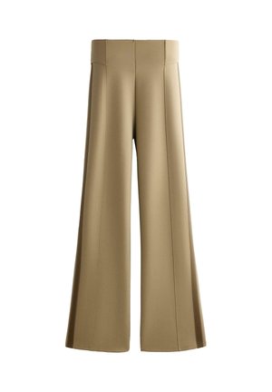 Beżowe spodnie z wysokim stanem i szerokimi nogawkami, z pionowymi szwami, bez widocznych kieszeni i zapięć, pokazane na białym tle.
